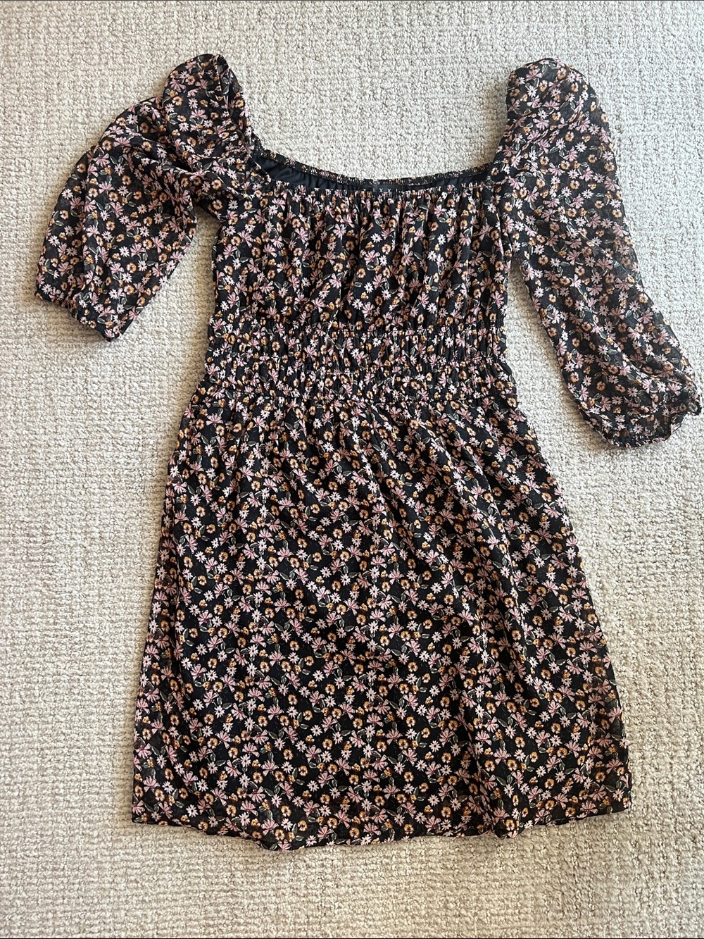 Francesca's Collections Black Floral Smocked Puff Sleeve Dress